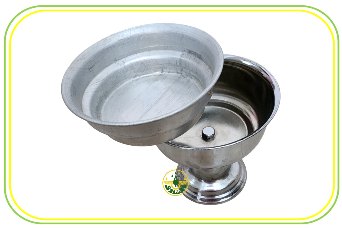 آتشدان زرتشتیان ( آپریگونی ) استیل لعابدار نقره ای با انبر سایز متوسط